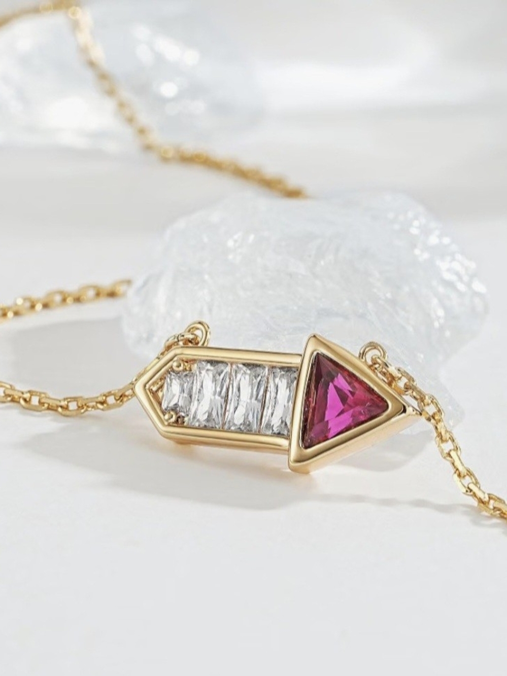 Gold Arrow Pendant Necklace with Pink Triangle Gem and Clear Accent Stones